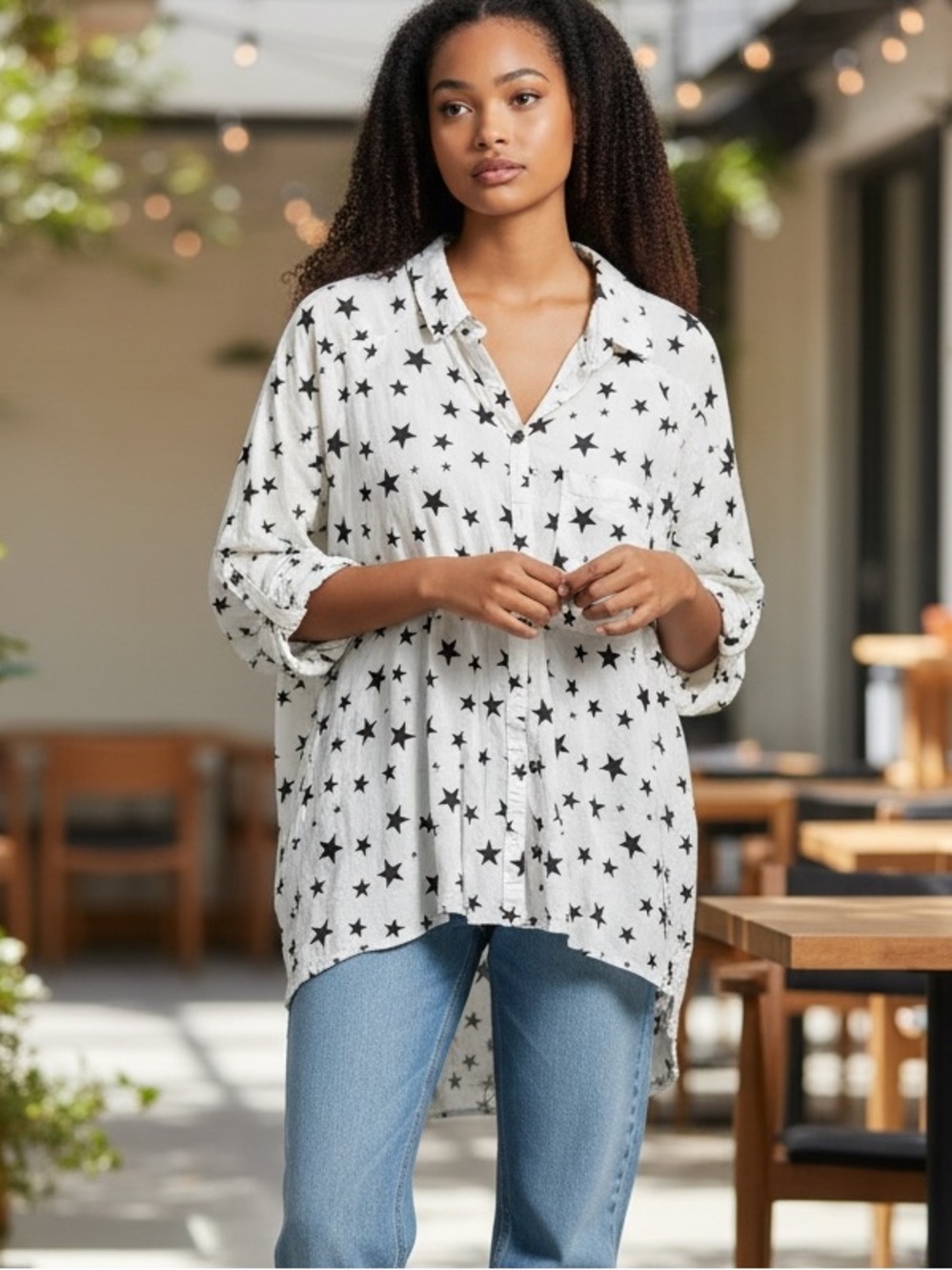 Relaxed White Star-Print Button-Down Shirt